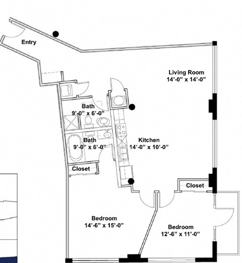 Floor plan for 2 beds, 2 baths, 1362 sqft